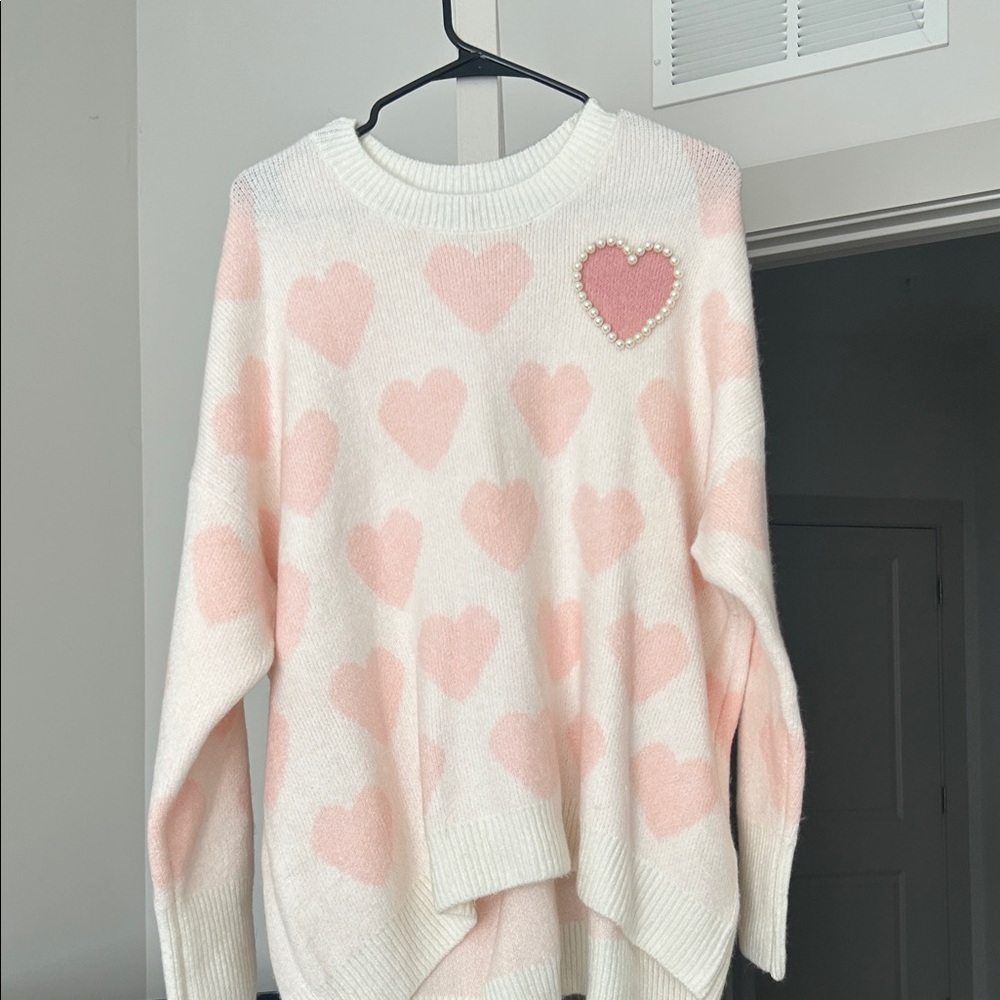 Vince Camuto Cream Crewneck Sweater with Pink Heart Motif